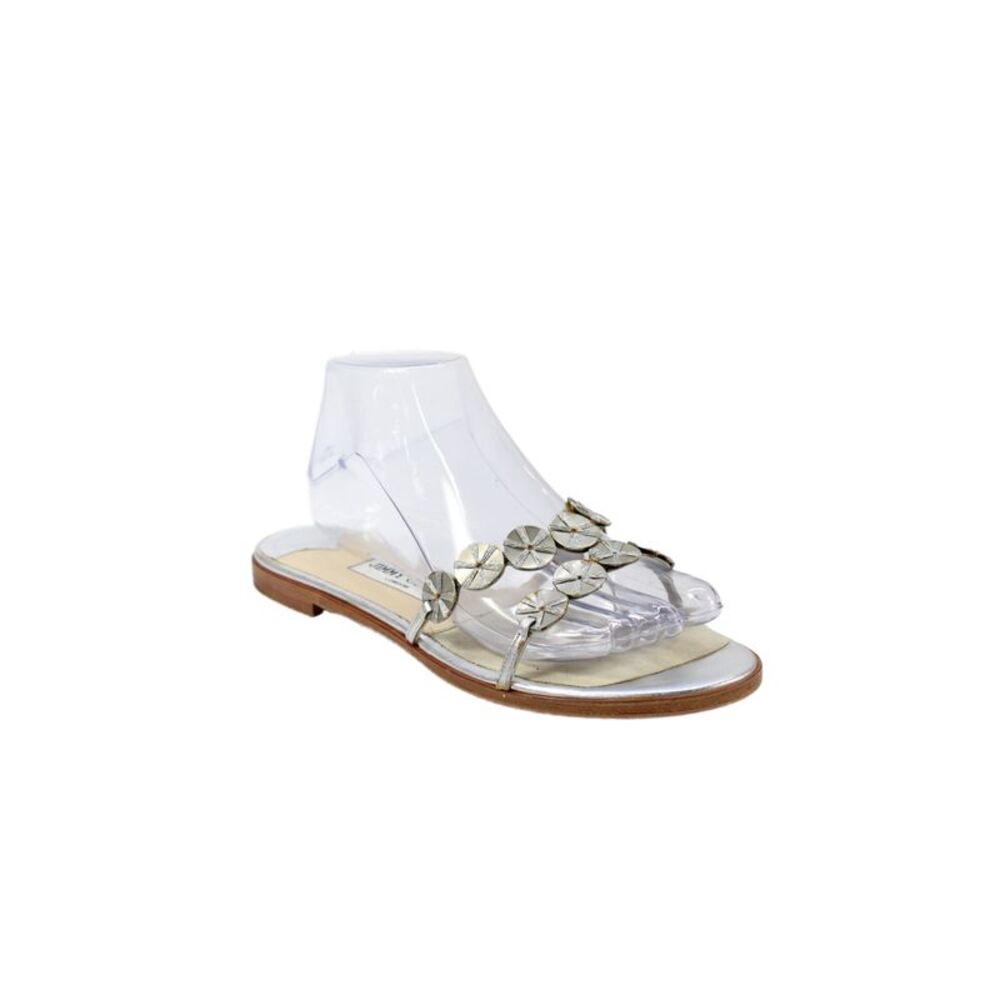 Jimmy Choo Womens Double Metallic Strap Slide Sandals Silver Leather Size 38.5